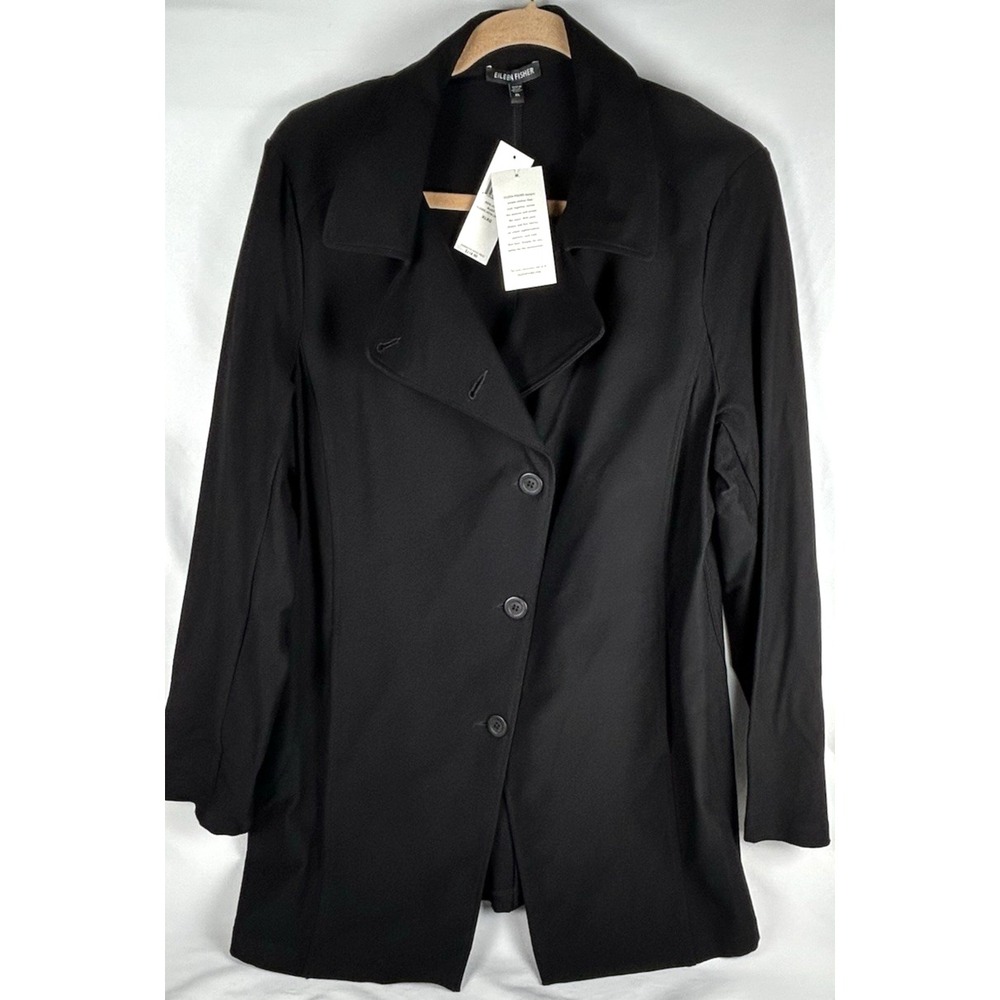 NWT Eileen Fisher Black Class Asymmetrical Long Jacket Womens XL Stretch Crepe